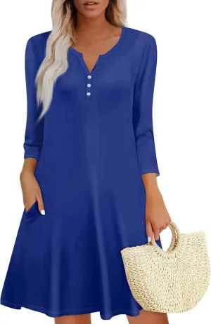 3/4 Sleeve Dress for Women Summer Fall Button Dwon V Neck Mini Dress Casual Loose A Line T Shirt Dresses with Pockets