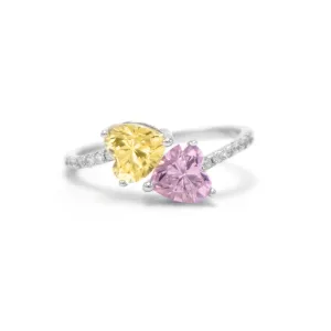 Anillo abierto de corazones amarillo y rosa - ajustable - plata 925