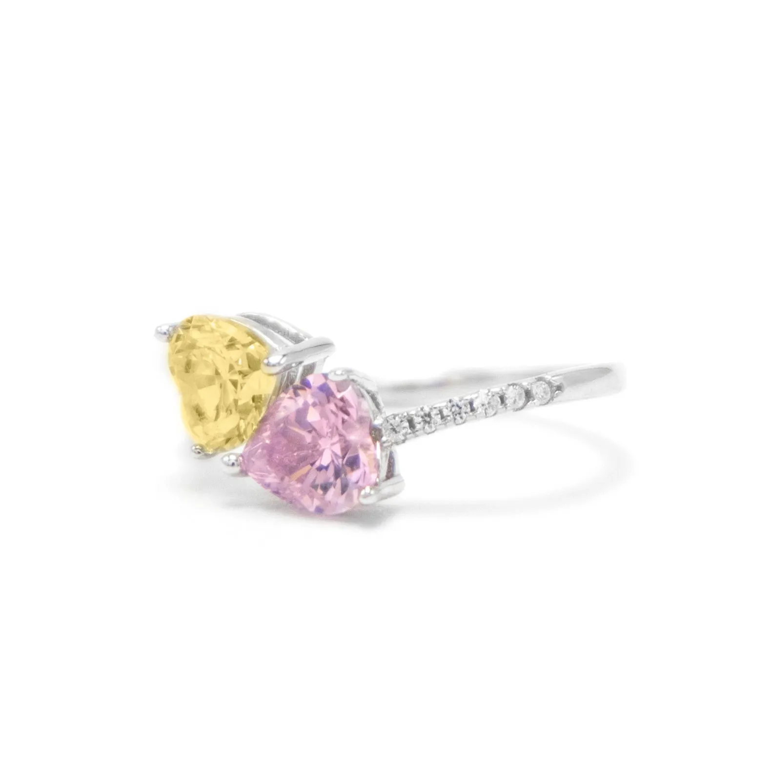 Anillo abierto de corazones amarillo y rosa - ajustable - plata 925