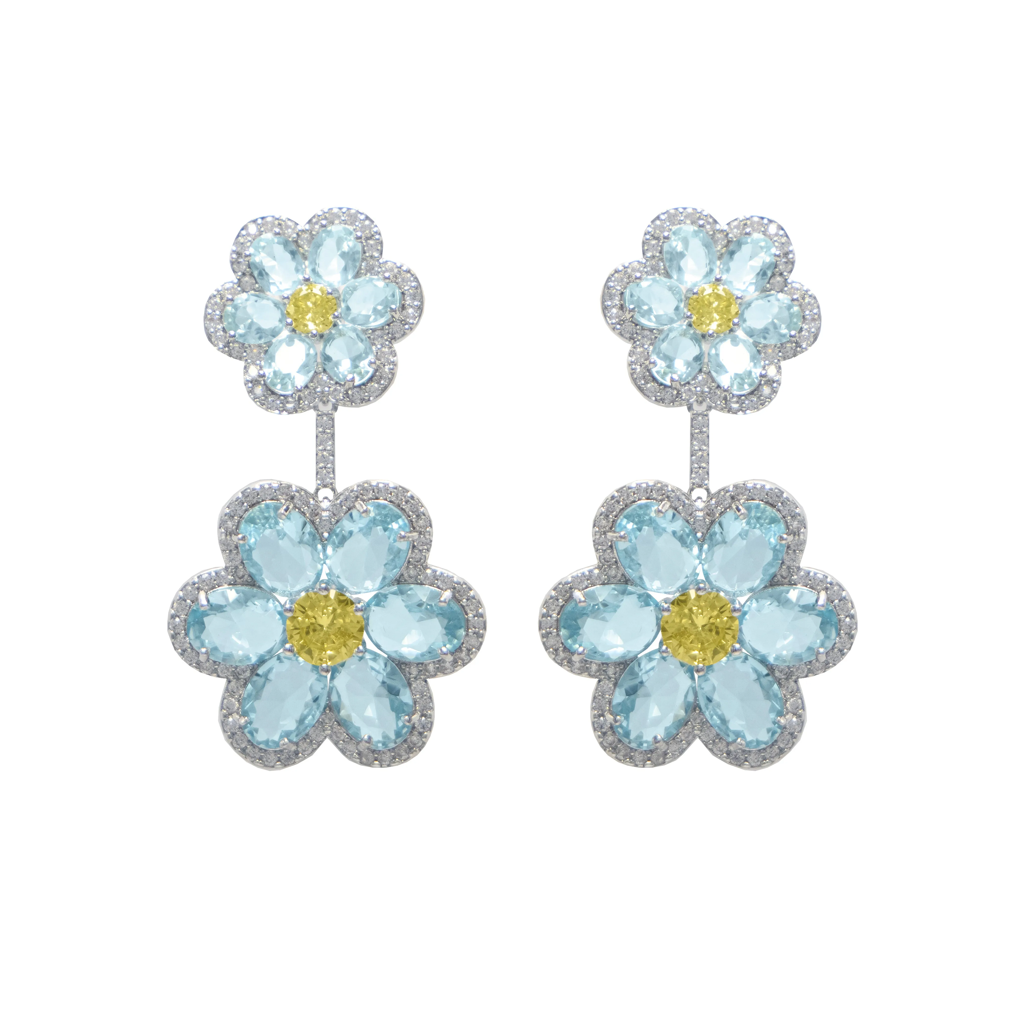 Aretes flores amarillo y azul - chapa de rodio