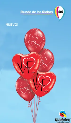 BOUQUET DE CORAZONES ROJOS METALICOS Y LATEX IMPRESOS DE CORAZONES BLANCOS