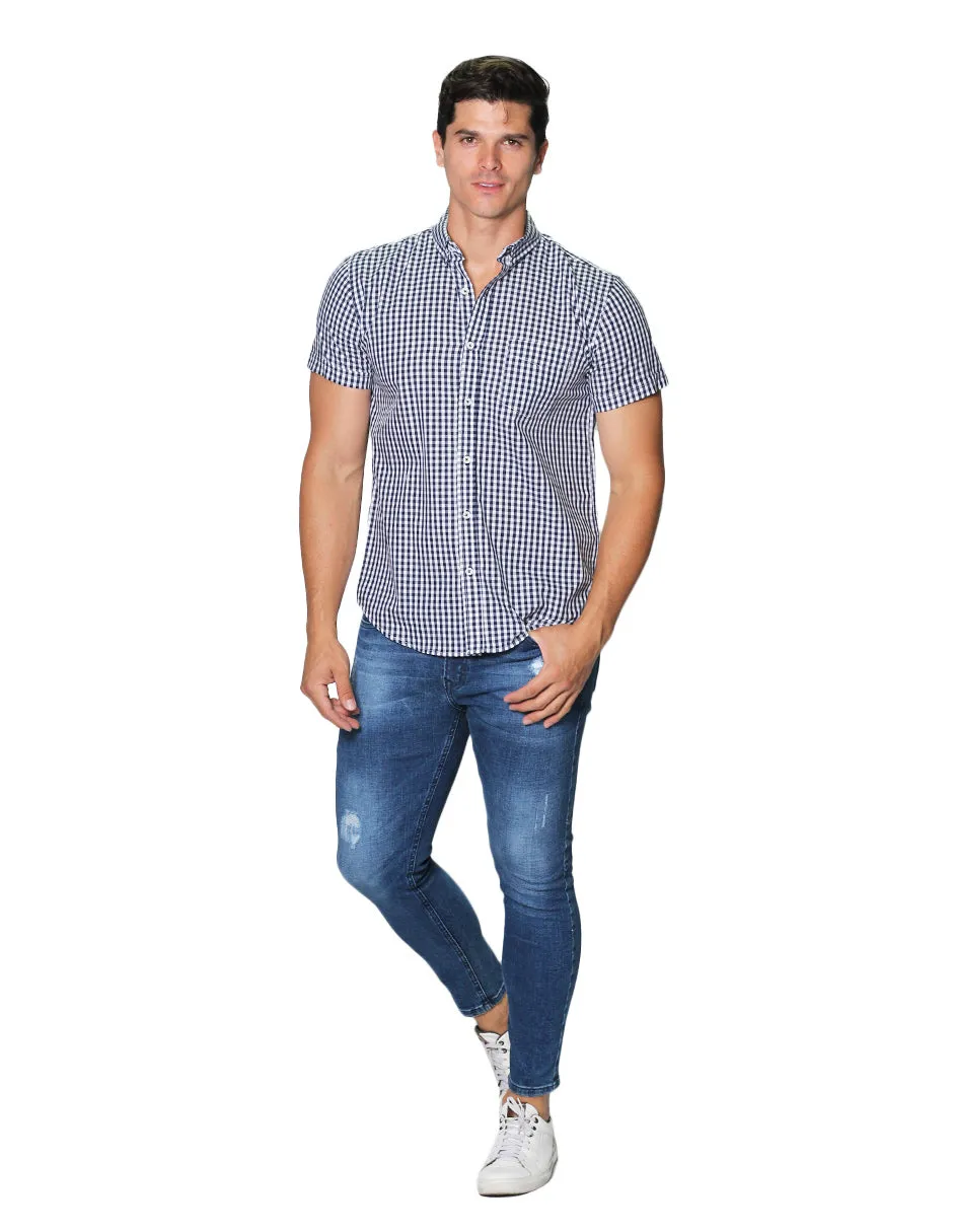 Camisas Hombre Manga Corta Cuadros Regular Fit B31270 Marino