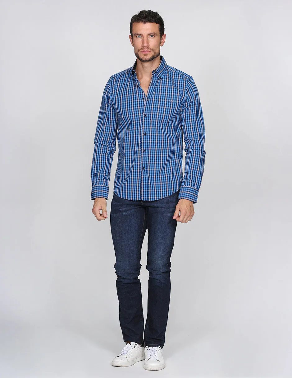 Camisas Hombre Manga Larga Cuadros Azul B15214