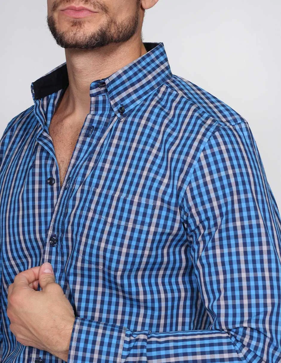 Camisas Hombre Manga Larga Cuadros Azul B15214
