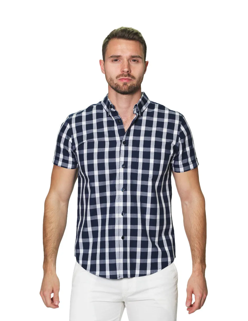 Camisas Para Hombre Manga Corta Cuadros Regular Fit B31257 Marino