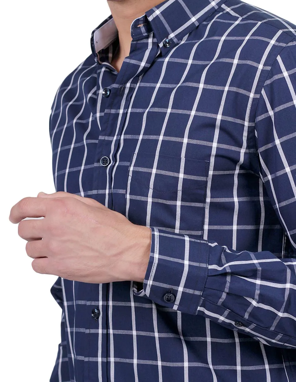 Camisas Para Hombre Manga Larga Cuadros Regular Fit Marino B25209