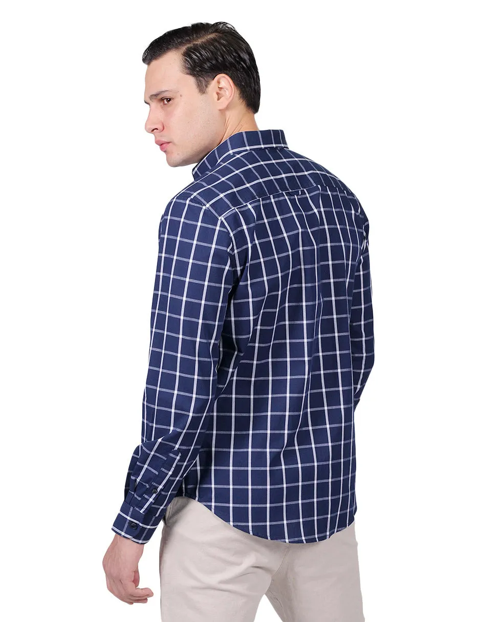 Camisas Para Hombre Manga Larga Cuadros Regular Fit Marino B25209