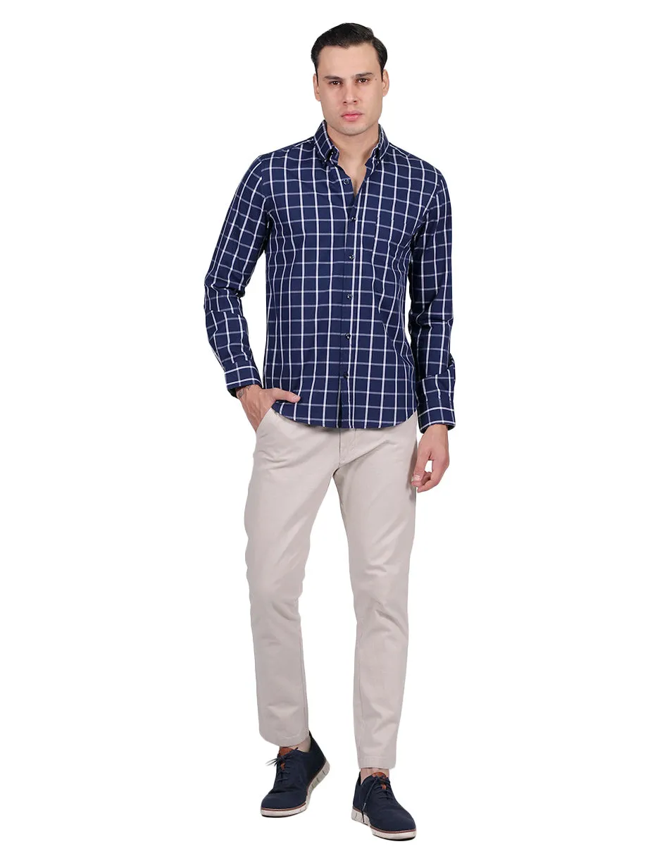 Camisas Para Hombre Manga Larga Cuadros Regular Fit Marino B25209