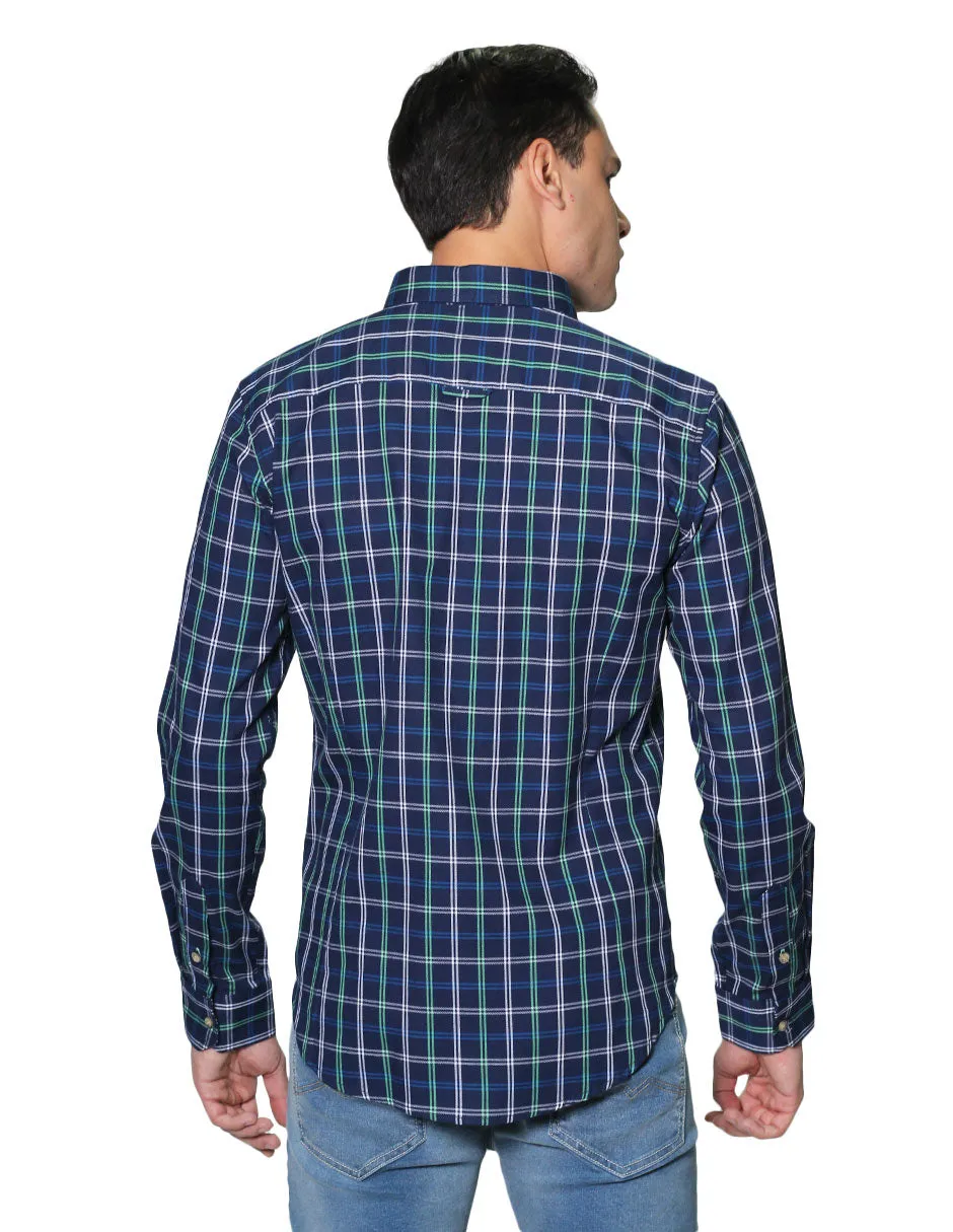 Camisas Para Hombre Manga Larga Cuadros Slim Fit B31106 Marino