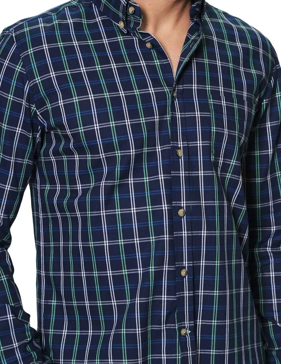 Camisas Para Hombre Manga Larga Cuadros Slim Fit B31106 Marino