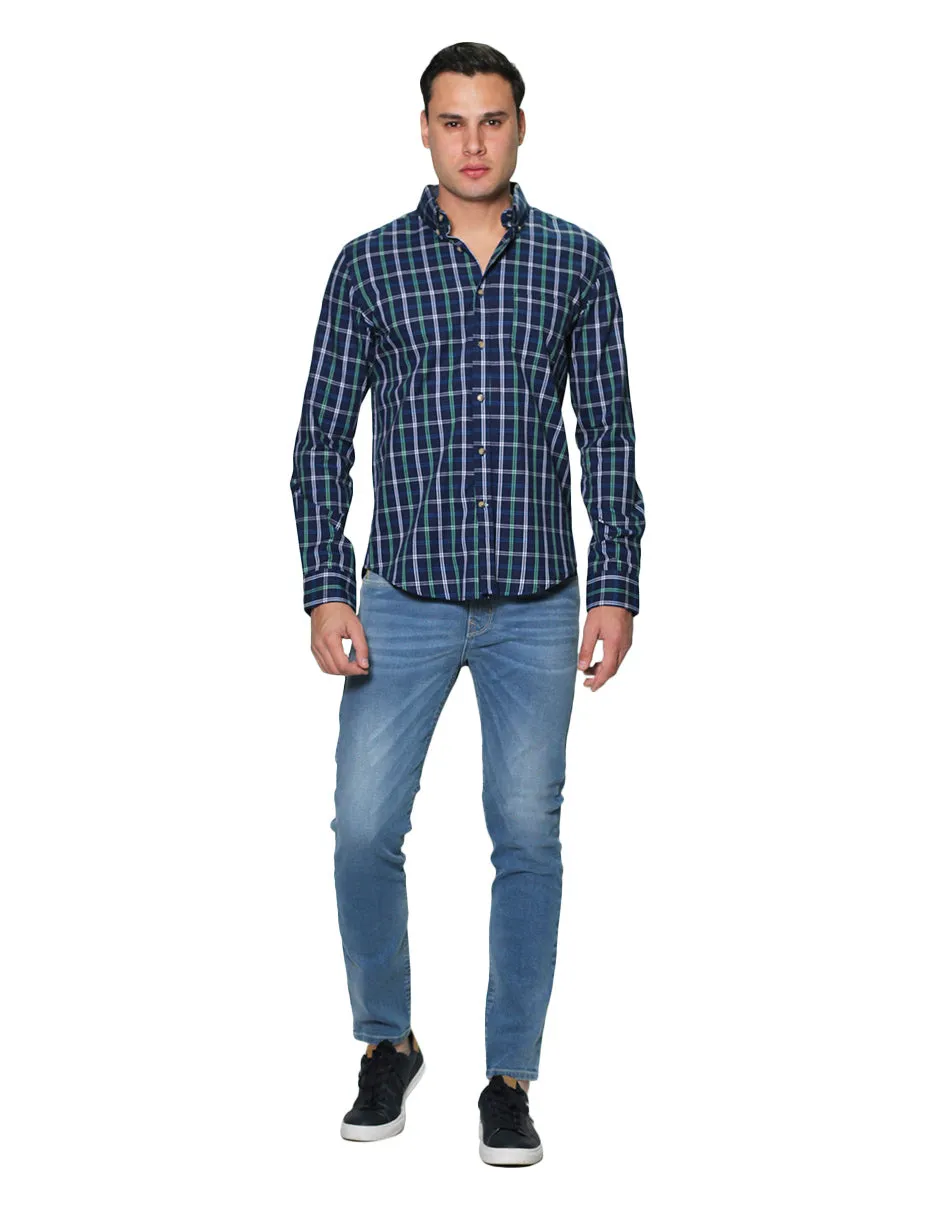 Camisas Para Hombre Manga Larga Cuadros Slim Fit B31106 Marino