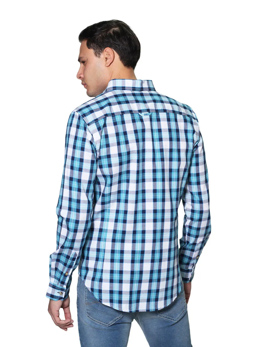 Camisas Para Hombre Manga Larga Cuadros Slim Fit B31107 Azul