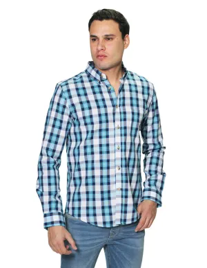 Camisas Para Hombre Manga Larga Cuadros Slim Fit B31107 Azul