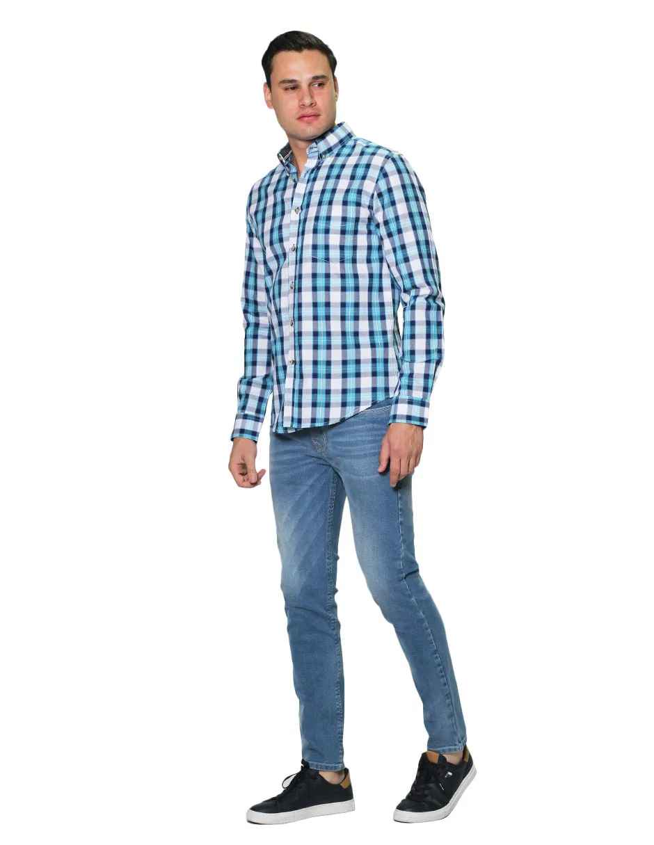 Camisas Para Hombre Manga Larga Cuadros Slim Fit B31107 Azul