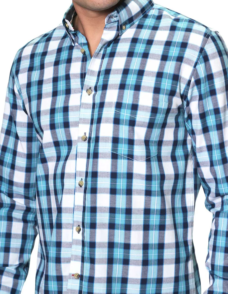 Camisas Para Hombre Manga Larga Cuadros Slim Fit B31107 Azul