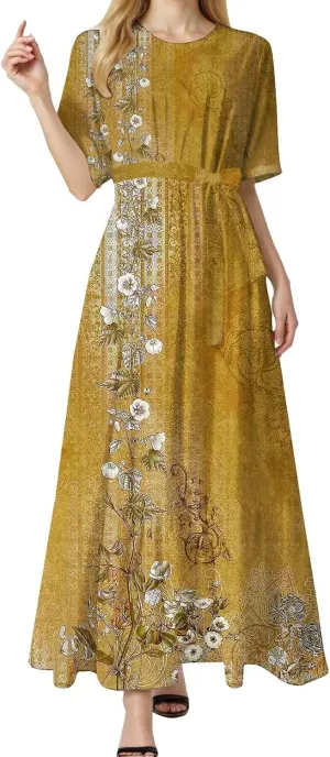 Casual Summer Dresses for Women 2025,Womens Floral Printed Crew-Neck Elegant Dresses Boho Tie Belted Empire Waist Dress