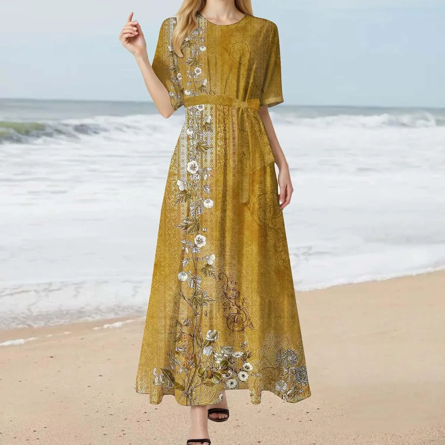 Casual Summer Dresses for Women 2025,Womens Floral Printed Crew-Neck Elegant Dresses Boho Tie Belted Empire Waist Dress