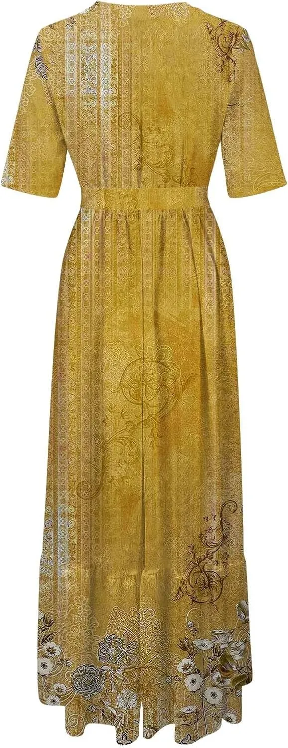 Casual Summer Dresses for Women 2025,Womens Floral Printed Crew-Neck Elegant Dresses Boho Tie Belted Empire Waist Dress