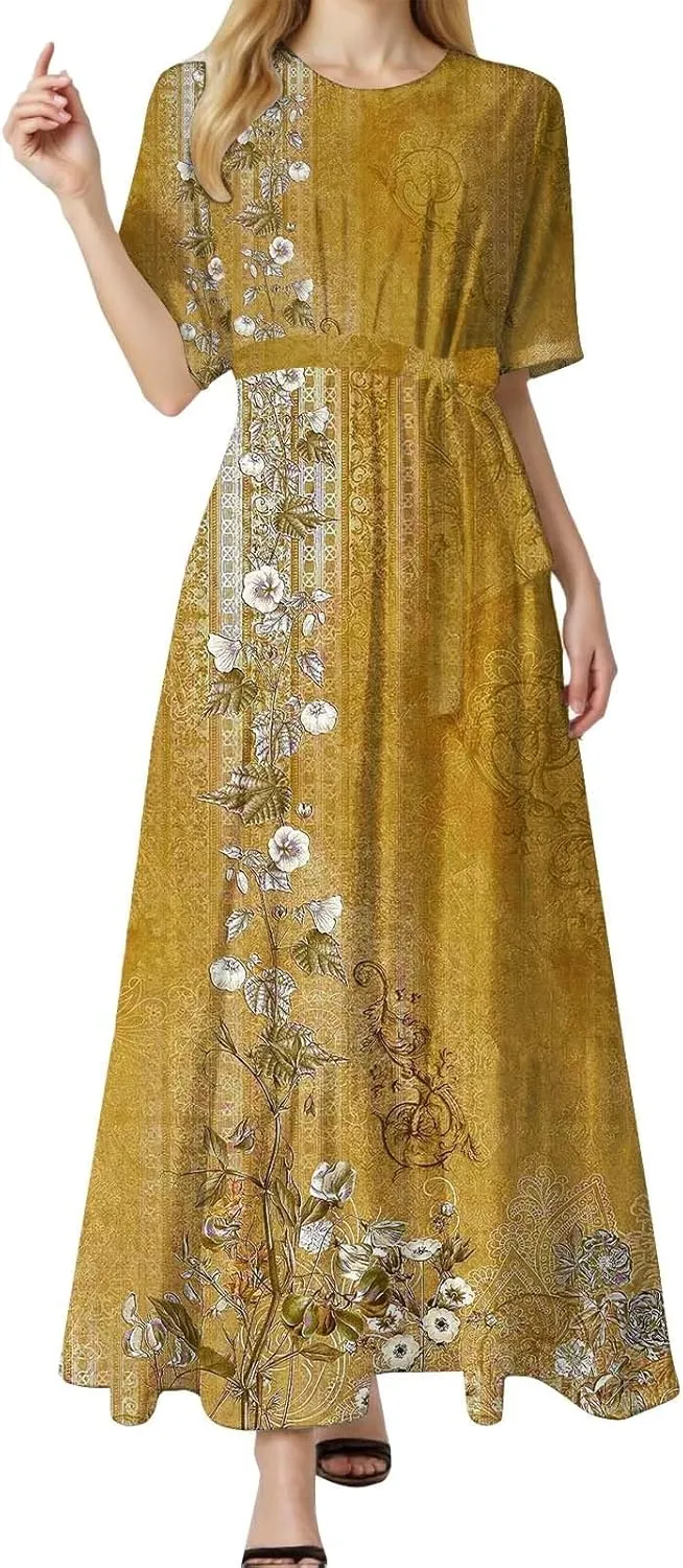 Casual Summer Dresses for Women 2025,Womens Floral Printed Crew-Neck Elegant Dresses Boho Tie Belted Empire Waist Dress