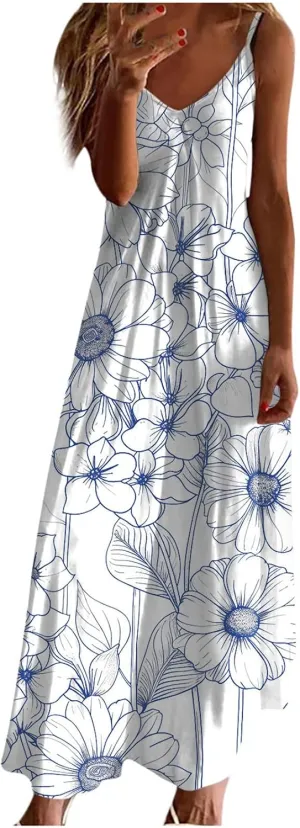 Ceboyel Women Floral Spaghetti Strap Sundress Casual Summer Long Maxi Dress Vneck Sexy Boho Dresses Trendy Beach Clothes 2024
