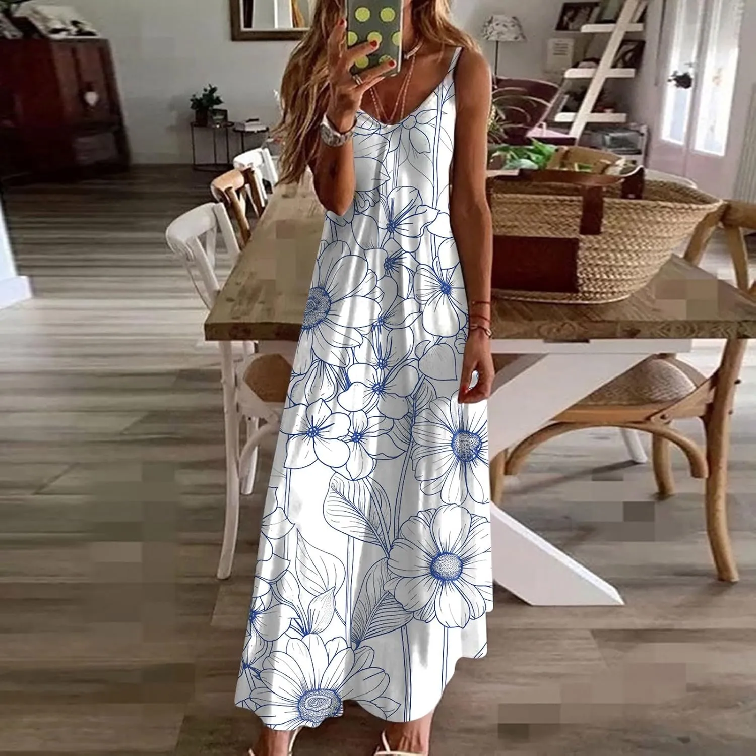Ceboyel Women Floral Spaghetti Strap Sundress Casual Summer Long Maxi Dress Vneck Sexy Boho Dresses Trendy Beach Clothes 2024