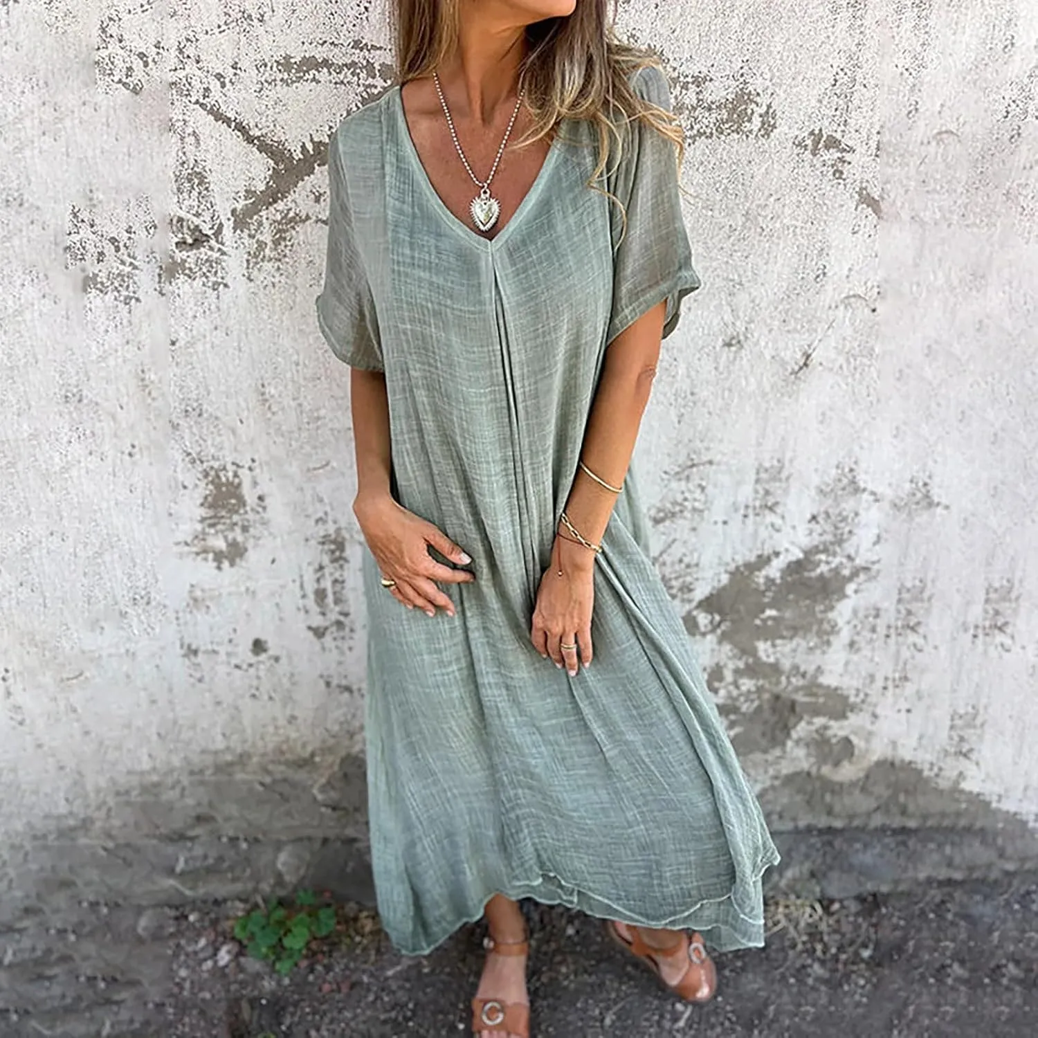 Cotton and Linen V-Neck Midi Dress Summer Short Sleeve Solid Flowy Bohemian Style Casual Loose Dressy Soft Dresses