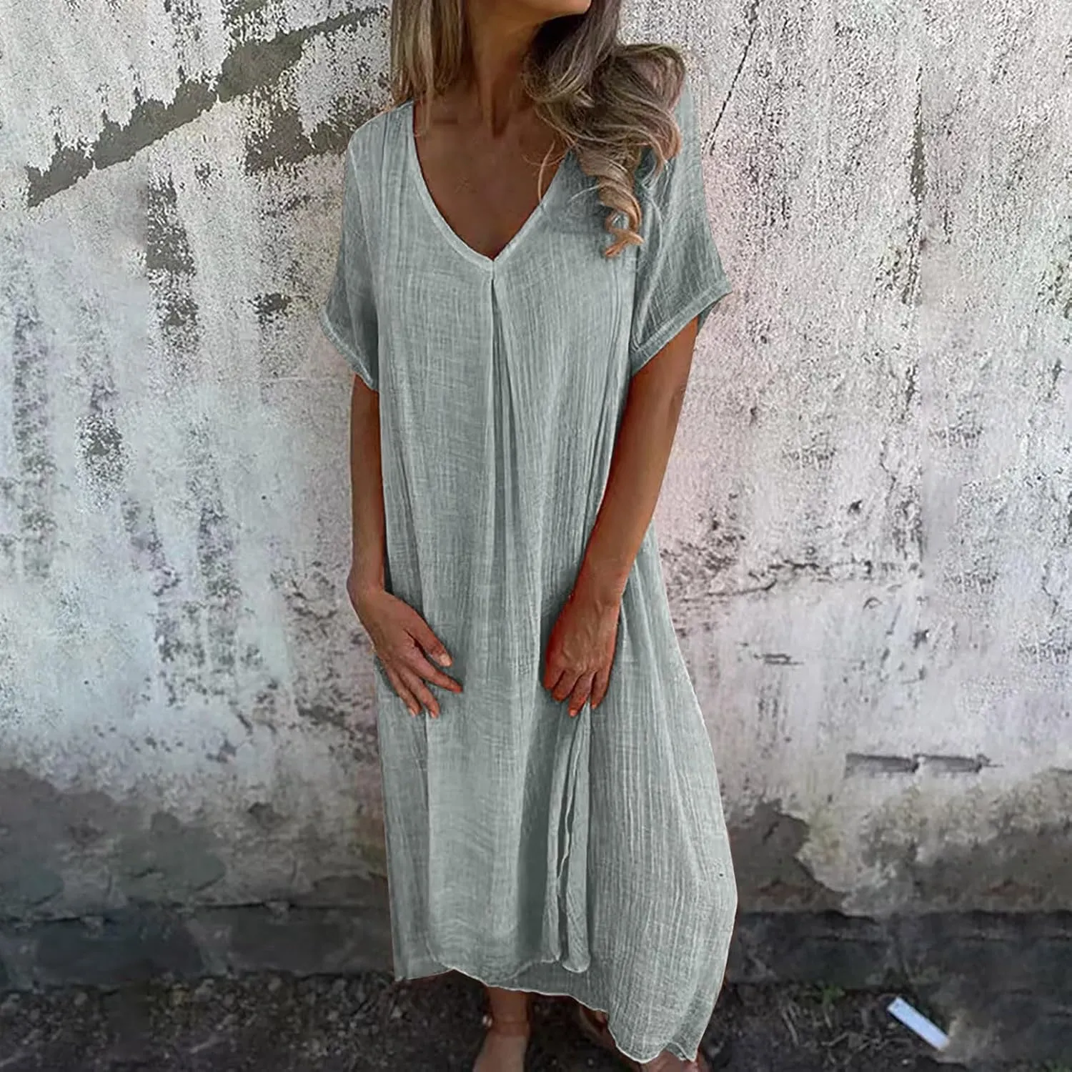 Cotton and Linen V-Neck Midi Dress Summer Short Sleeve Solid Flowy Bohemian Style Casual Loose Dressy Soft Dresses