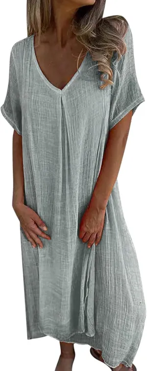 Cotton and Linen V-Neck Midi Dress Summer Short Sleeve Solid Flowy Bohemian Style Casual Loose Dressy Soft Dresses
