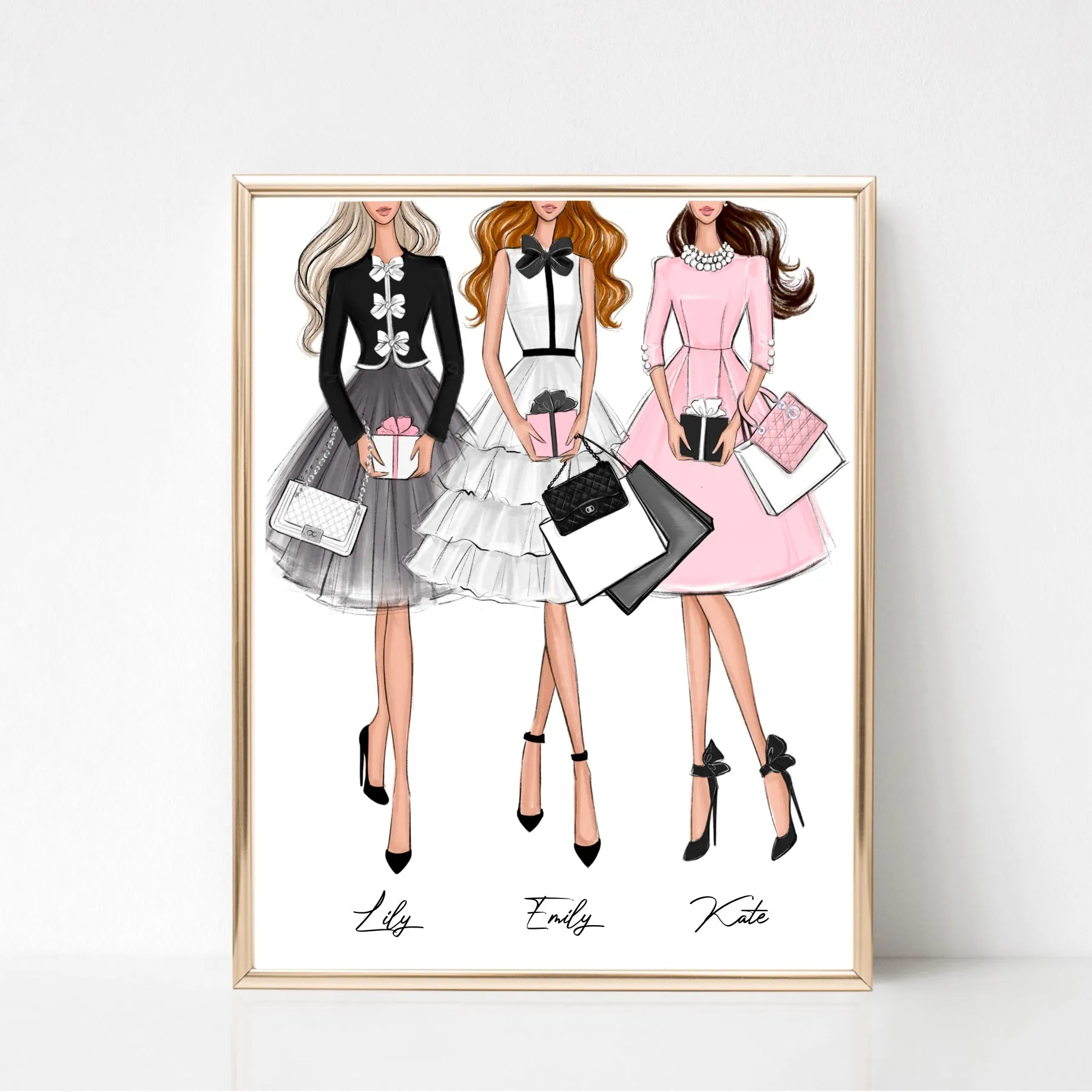 Customizable art print fashion illustration of 3 girls with gifts and fashion bags