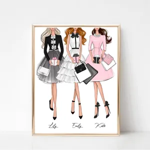 Customizable art print fashion illustration of 3 girls with gifts and fashion bags