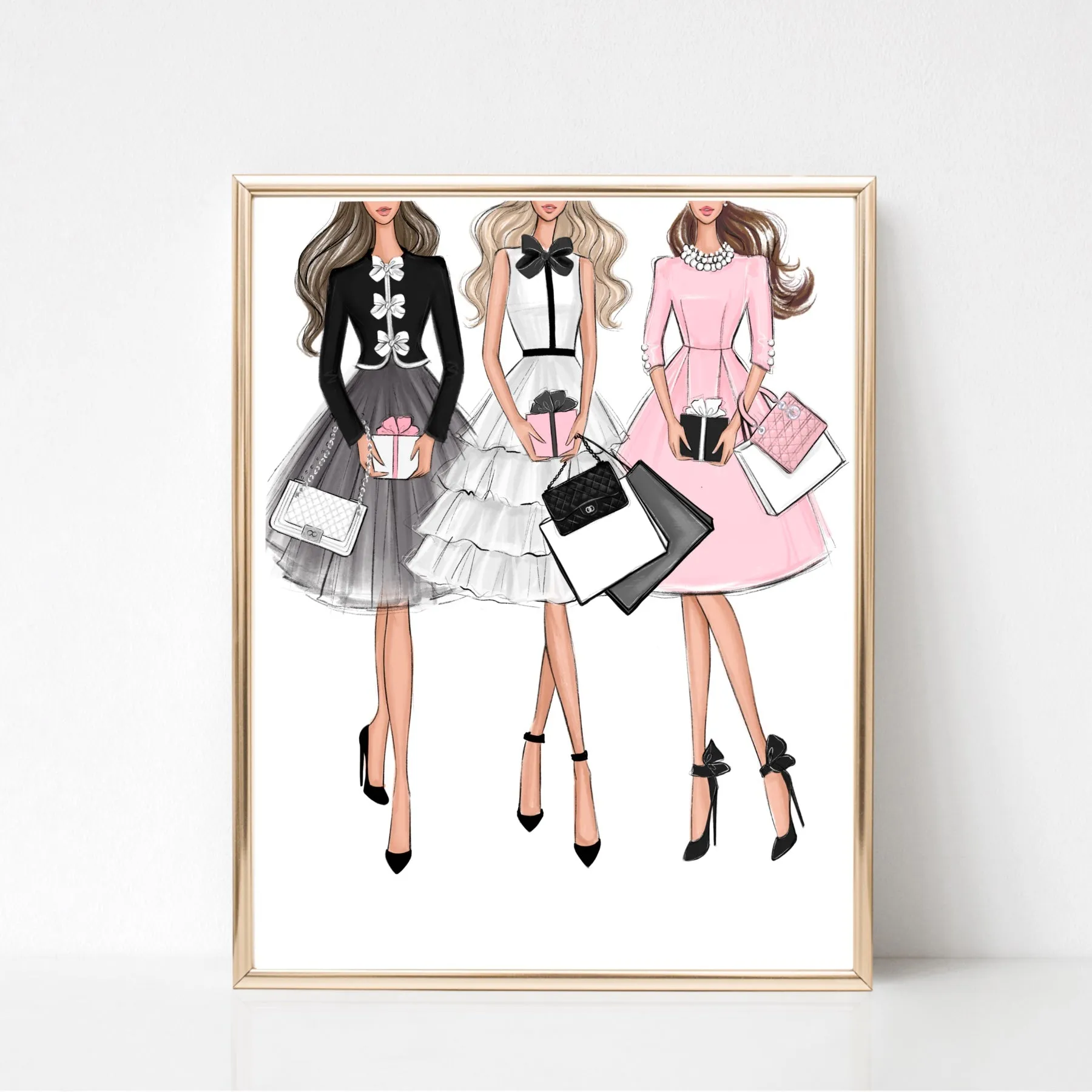 Customizable art print fashion illustration of 3 girls with gifts and fashion bags