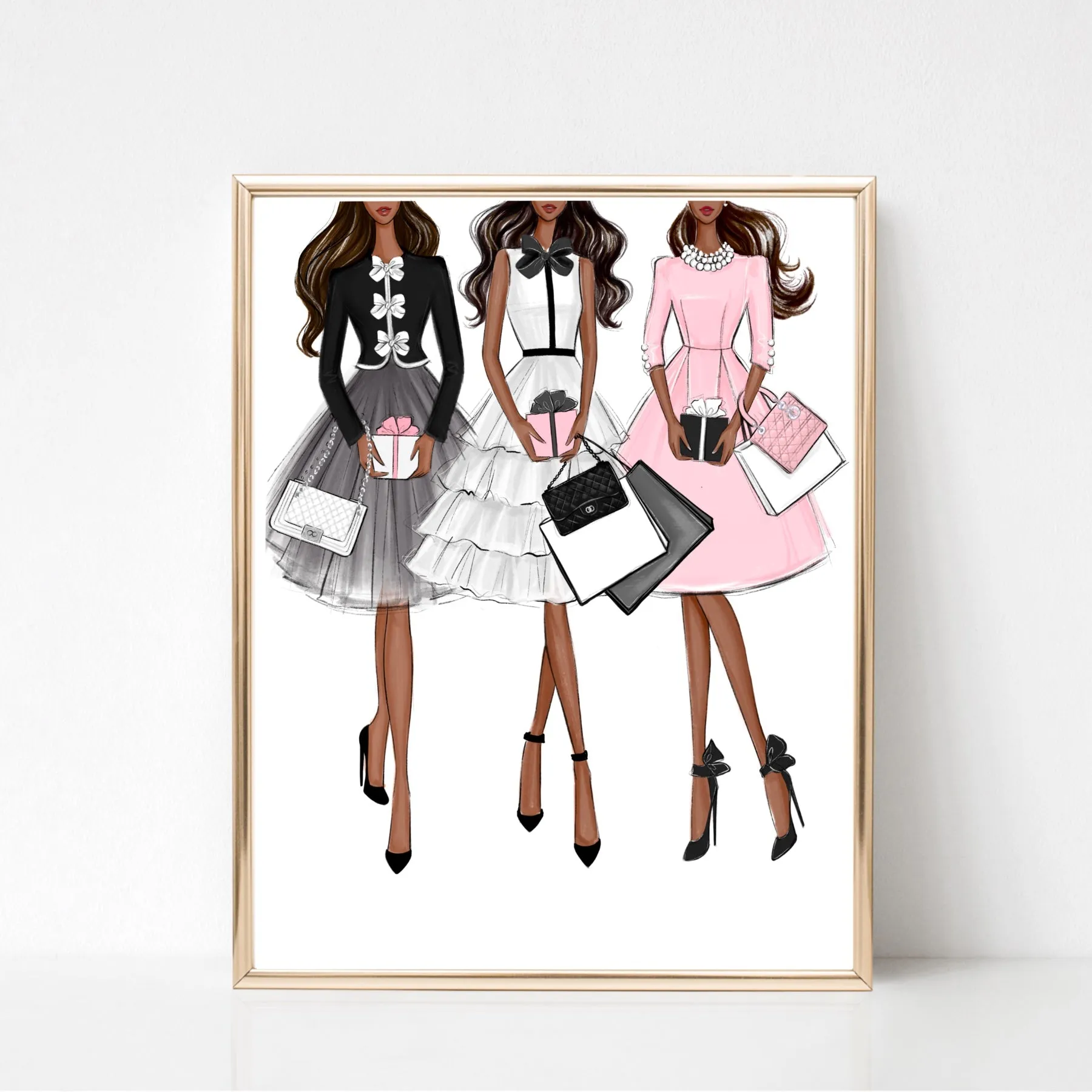 Customizable art print fashion illustration of 3 girls with gifts and fashion bags