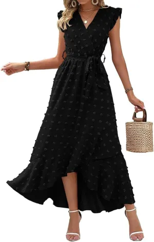 Dresses for Women 2025 Wedding Guest Summer Ruffle Sleeve V Neck Boho Drawstring Waist Swing Flowy Dress,S-2XL