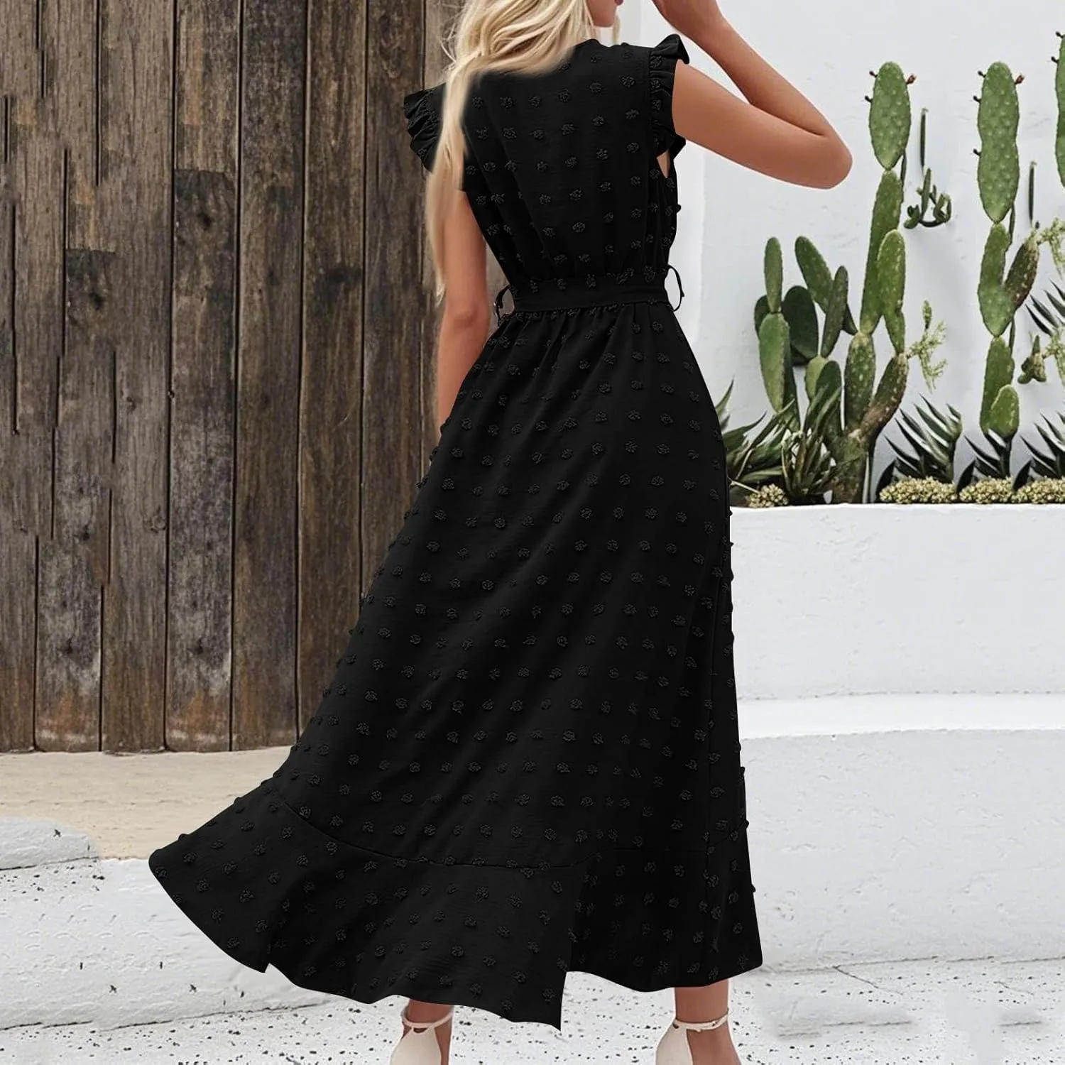 Dresses for Women 2025 Wedding Guest Summer Ruffle Sleeve V Neck Boho Drawstring Waist Swing Flowy Dress,S-2XL
