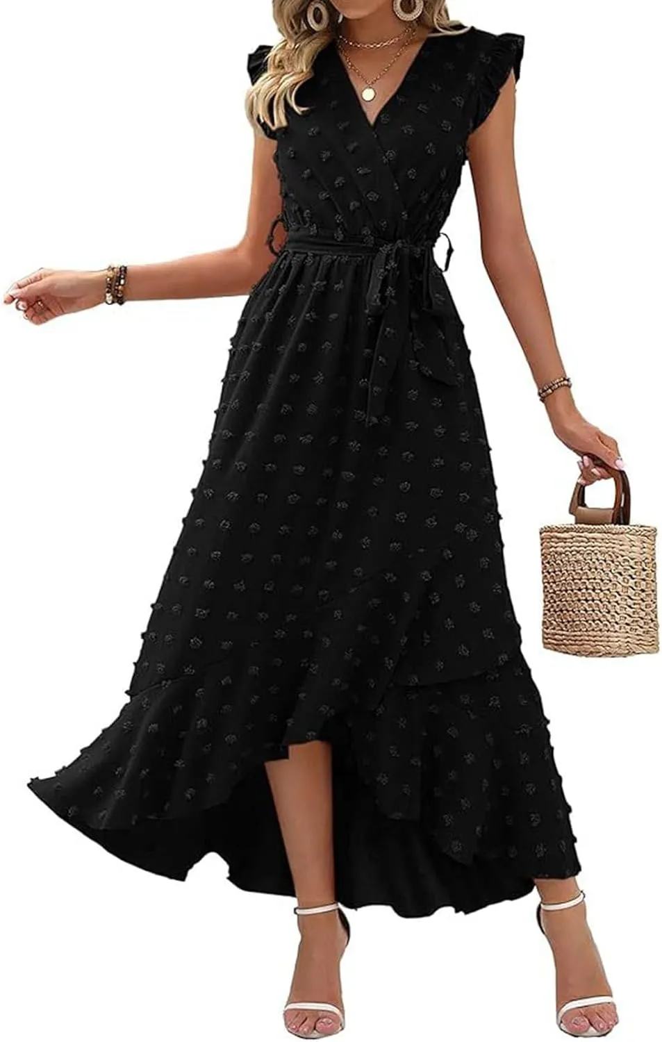 Dresses for Women 2025 Wedding Guest Summer Ruffle Sleeve V Neck Boho Drawstring Waist Swing Flowy Dress,S-2XL