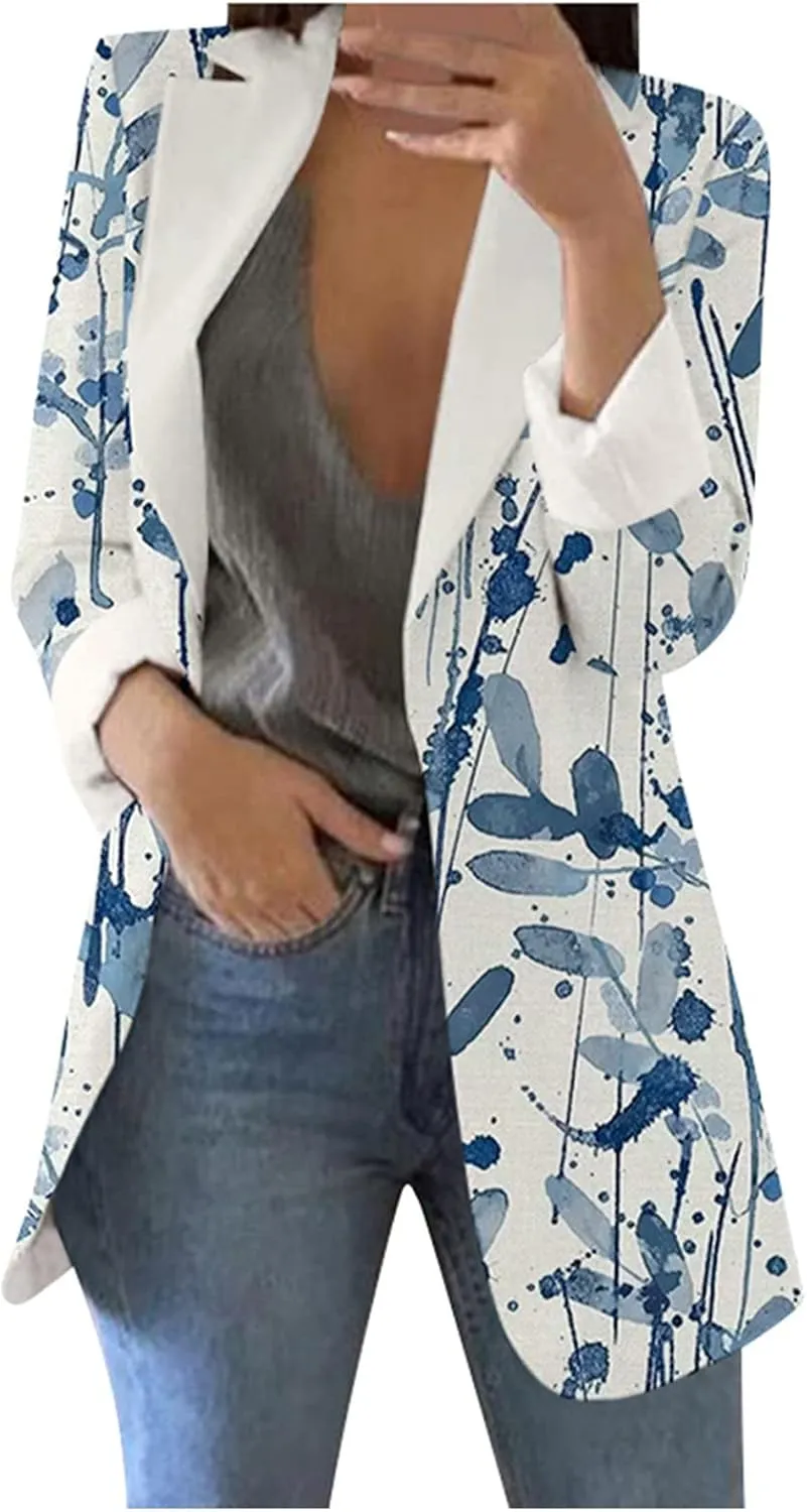 Floral Blazers for Women Long Sleeve Trendy Casual Open Front Printed Dressy Fitted Suit Jackets