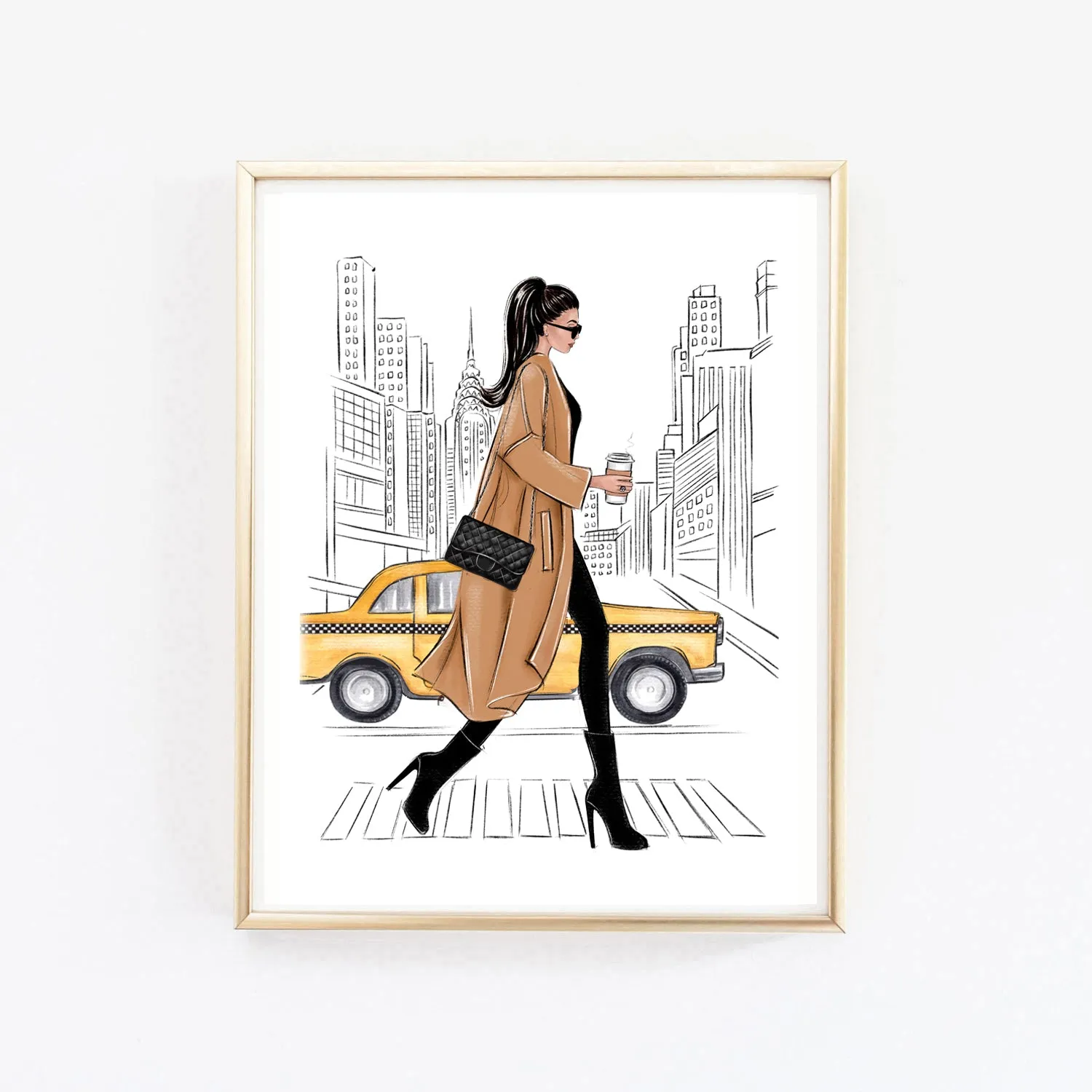 Girl with coffee in New York art print fashion illustration