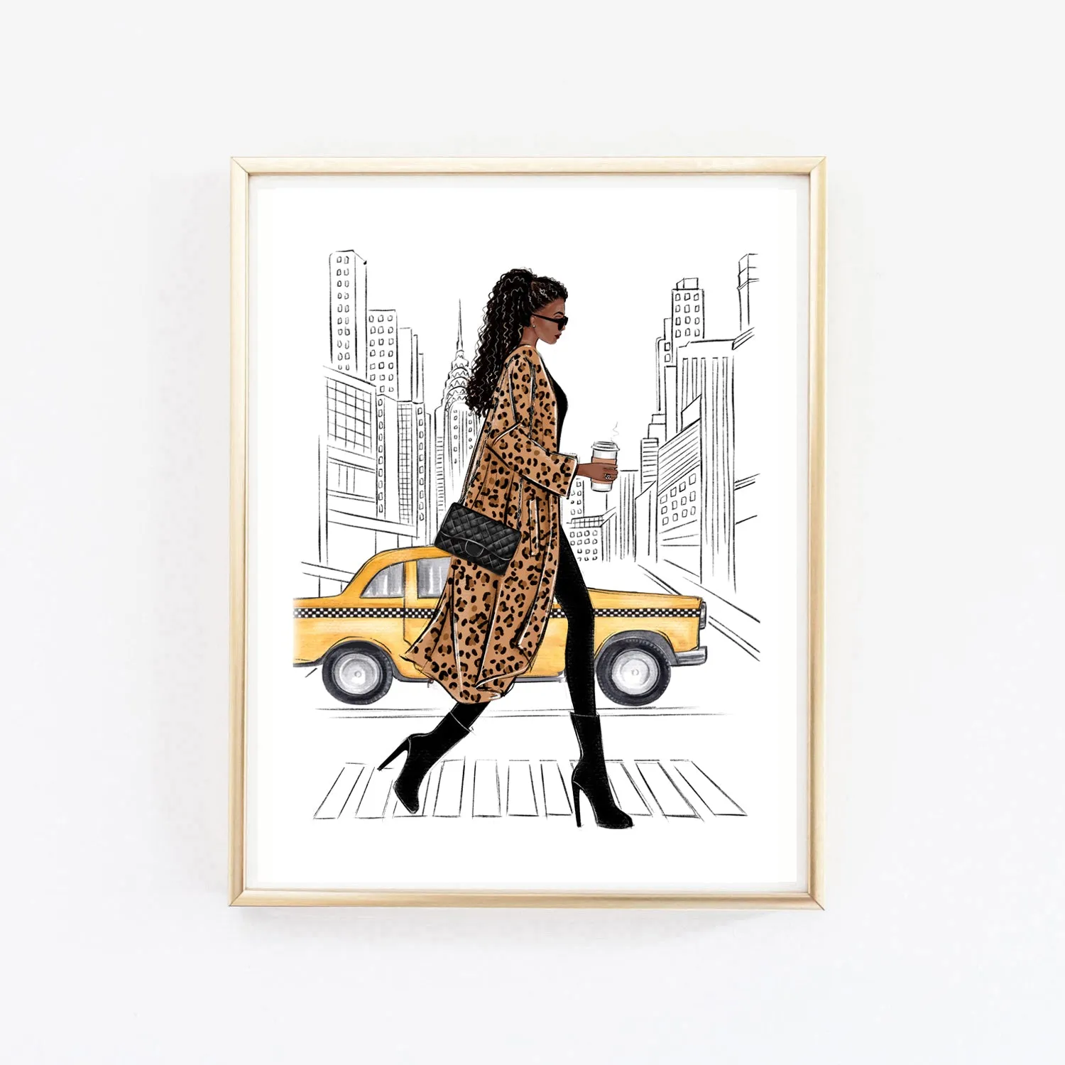 Girl with coffee in New York art print fashion illustration