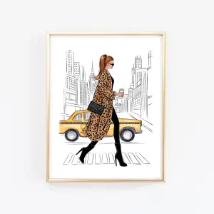 Girl with coffee in New York art print fashion illustration