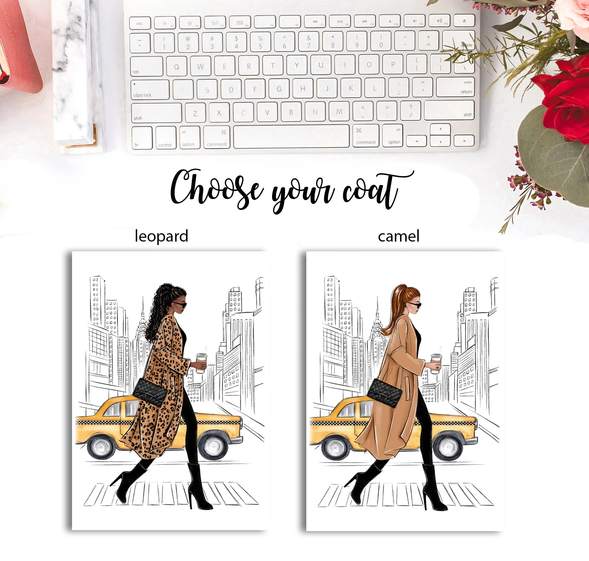Girl with coffee in New York art print fashion illustration