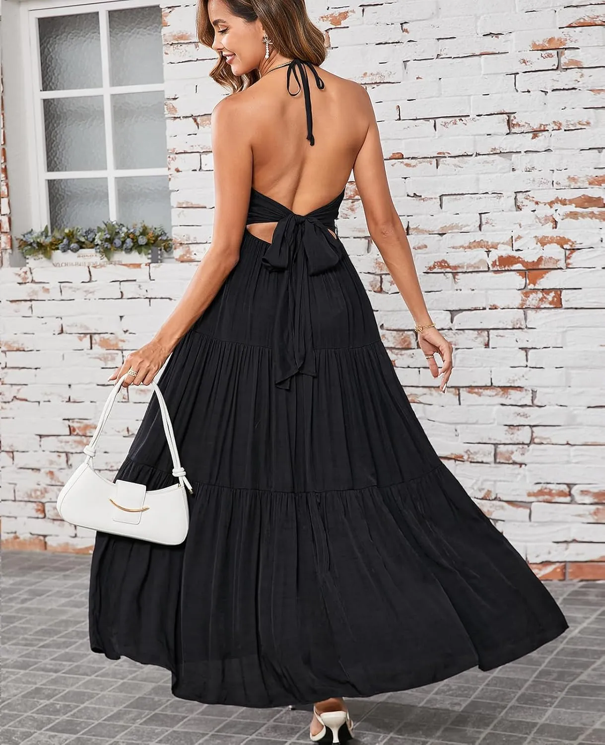 GLNEGE Summer Maxi Beach Dress Boho Halter V Neck Backless Bow Dresses Flowy Trendy Ruffle Sundress for Women 2025