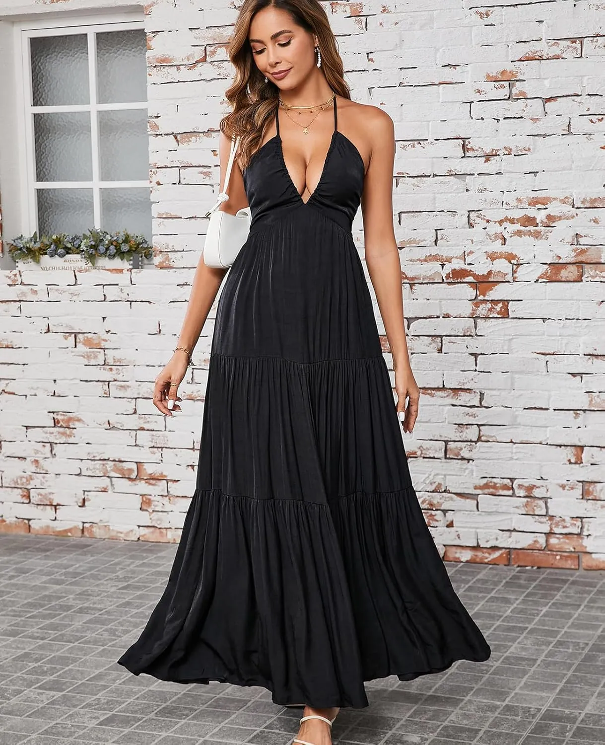 GLNEGE Summer Maxi Beach Dress Boho Halter V Neck Backless Bow Dresses Flowy Trendy Ruffle Sundress for Women 2025