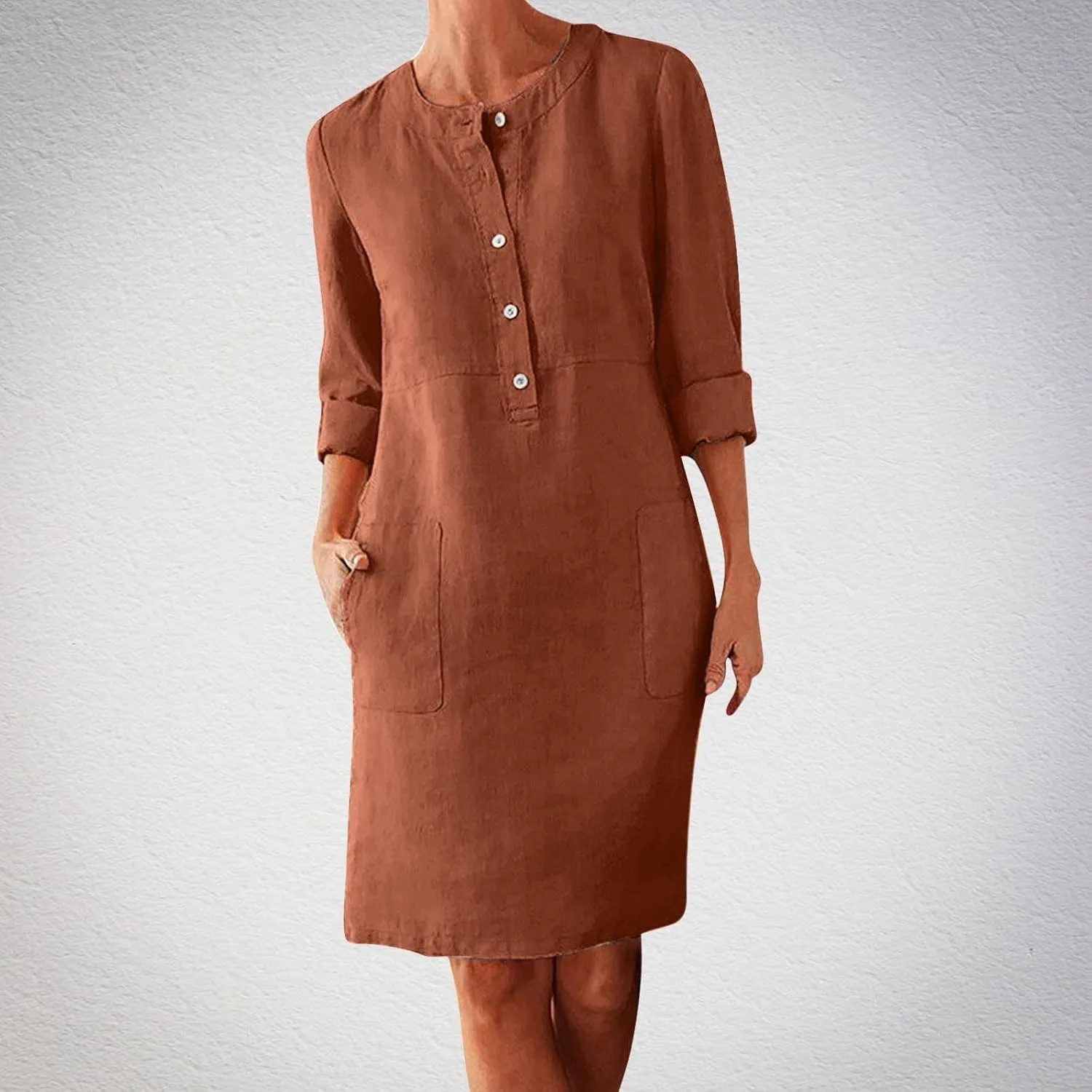 Linen Cotton Dress for Women 2025 Button Shirt Dress Long Sleeve Round Neck Dressy Casual Mini Dresses with Pockets