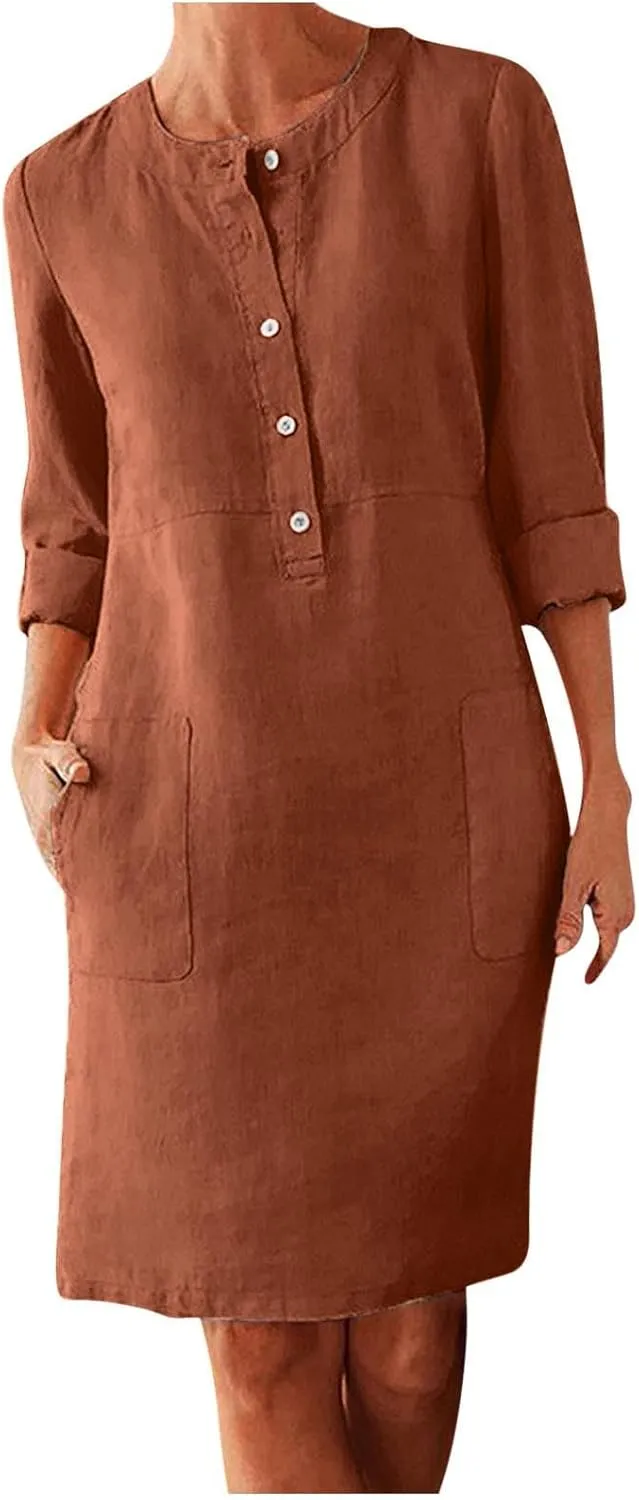 Linen Cotton Dress for Women 2025 Button Shirt Dress Long Sleeve Round Neck Dressy Casual Mini Dresses with Pockets