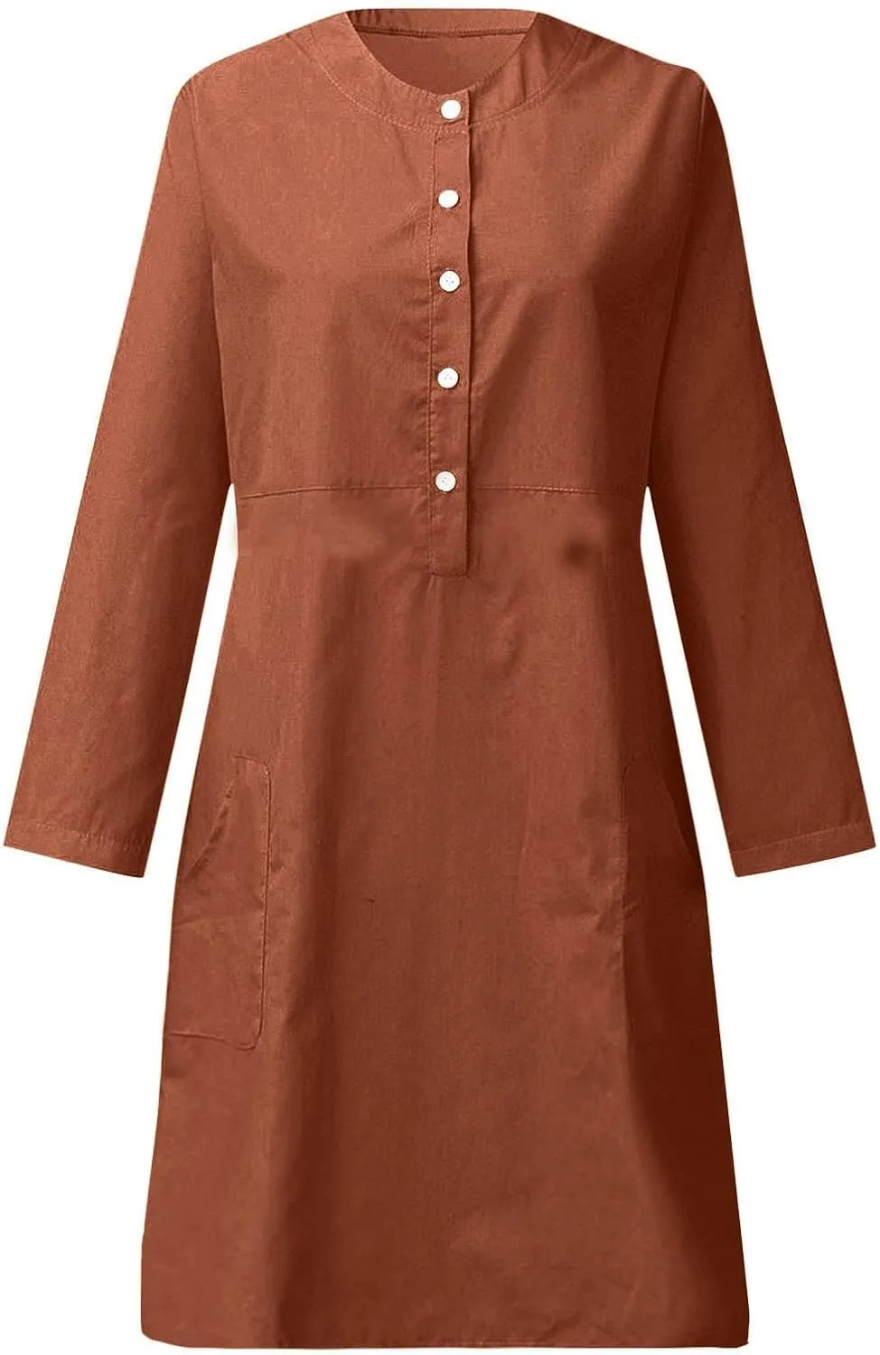 Linen Cotton Dress for Women 2025 Button Shirt Dress Long Sleeve Round Neck Dressy Casual Mini Dresses with Pockets