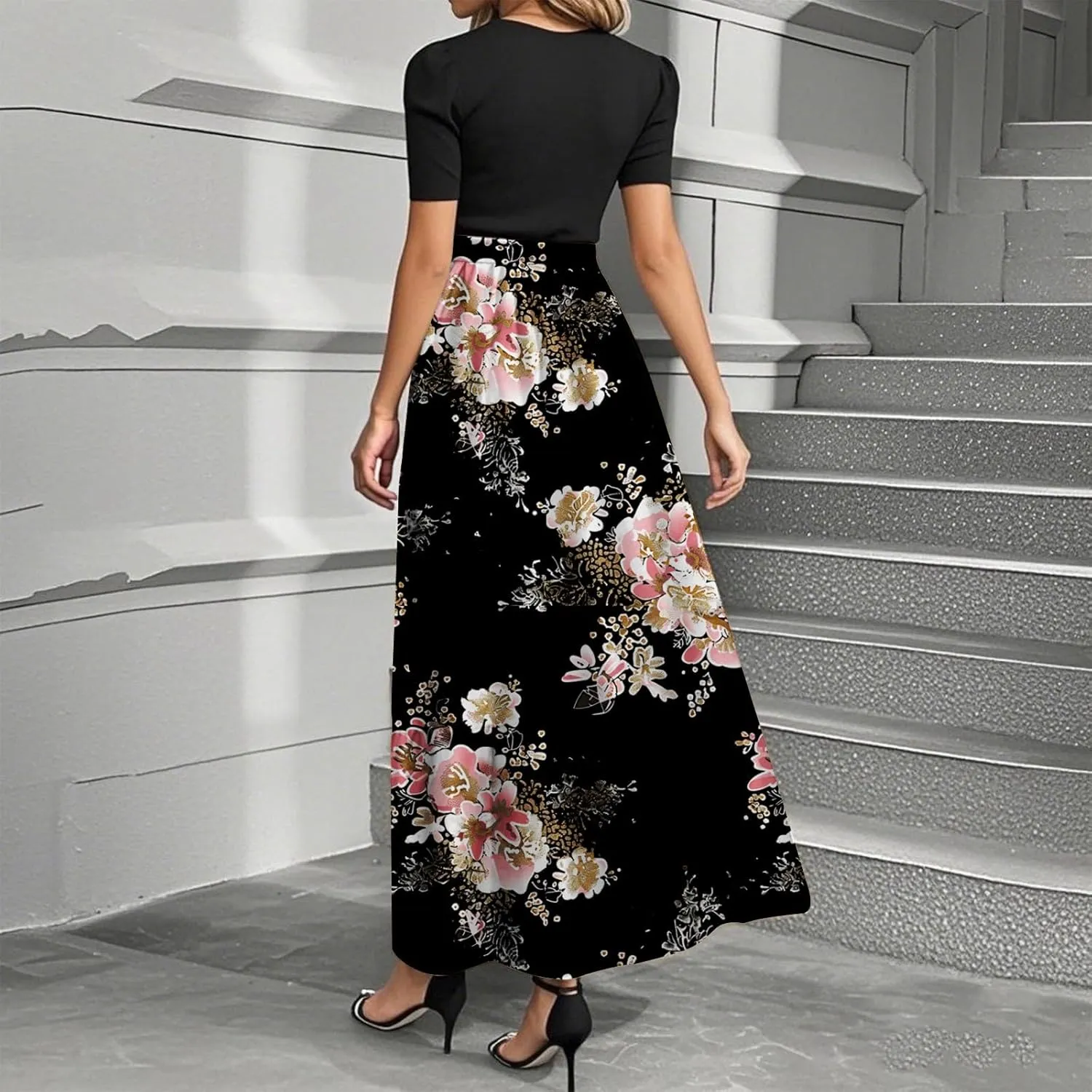 Long Floral Dresses for Women 2025 Elegant Tie Belted Patchwork Dress Empire Waist Short Sleeve Flowy Maxi Dress