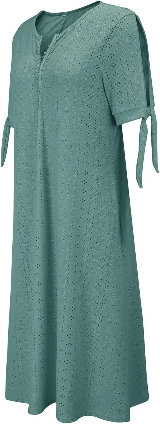 Maxi Dresses for Seniors 2025 Trendy Short Sleeve Boho Eyelet Tshirt Dress Casual Summer Beach Vacation Sundress