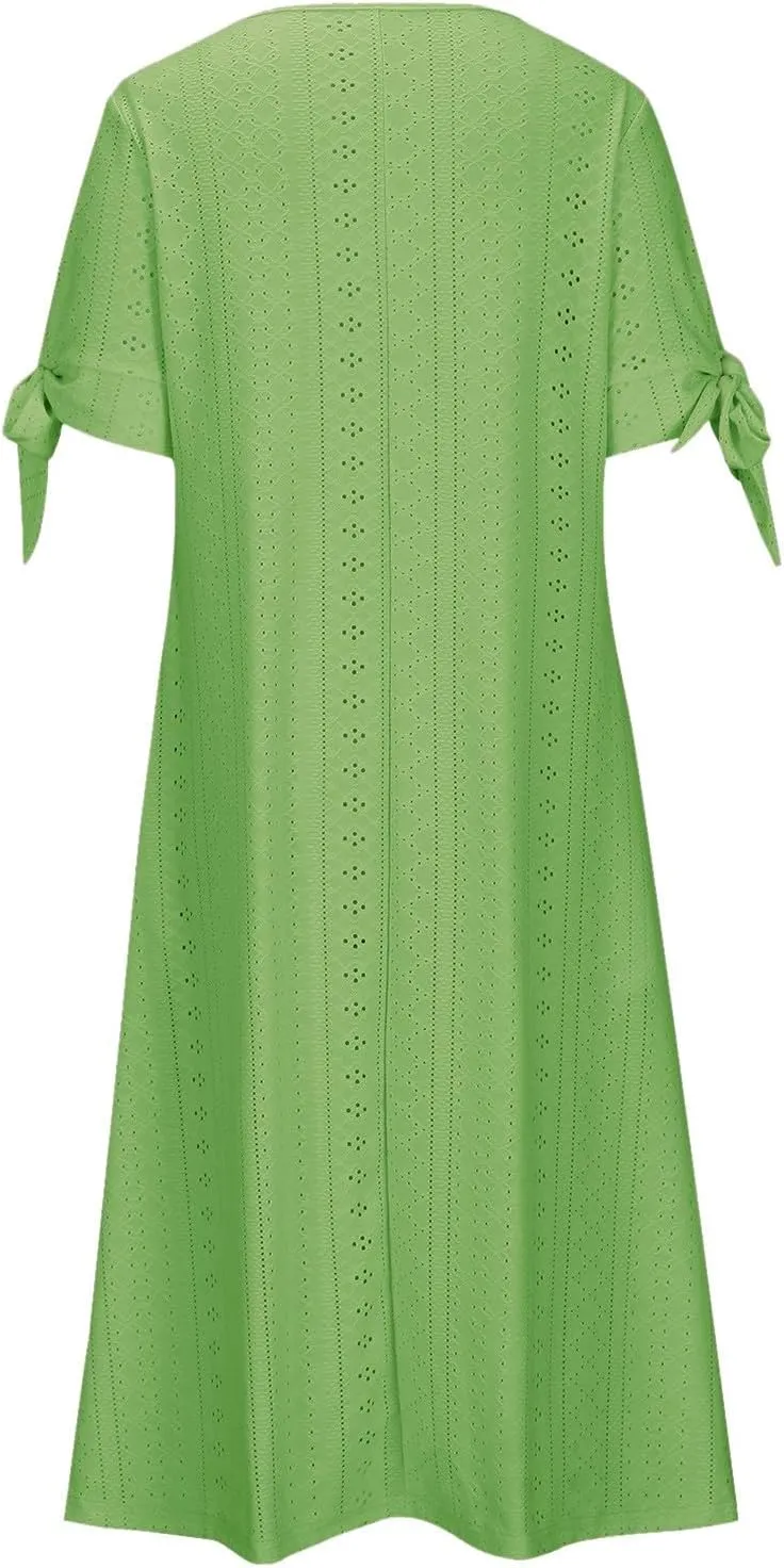 Maxi Dresses for Seniors 2025 Trendy Short Sleeve Boho Eyelet Tshirt Dress Casual Summer Beach Vacation Sundress