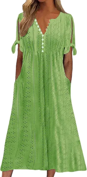 Maxi Dresses for Seniors 2025 Trendy Short Sleeve Boho Eyelet Tshirt Dress Casual Summer Beach Vacation Sundress