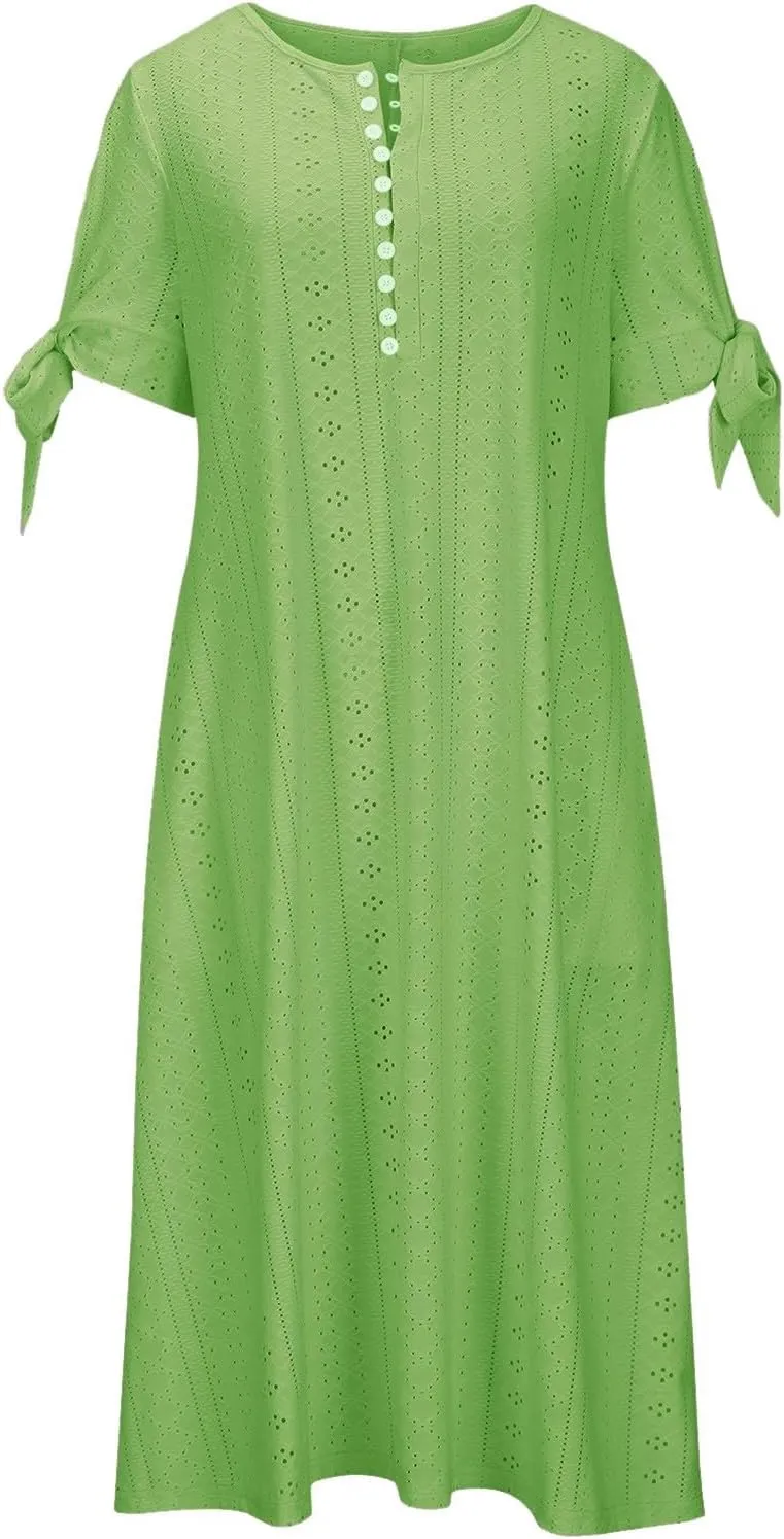 Maxi Dresses for Seniors 2025 Trendy Short Sleeve Boho Eyelet Tshirt Dress Casual Summer Beach Vacation Sundress
